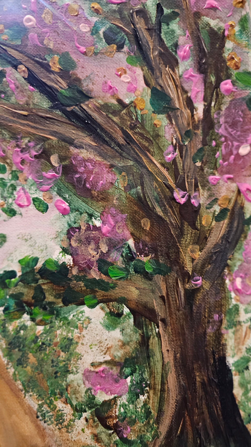 Original Painting by Shelley Bailey of a kangaroo in a garden with flowers and trees. Joey bounds into mother's pouch.