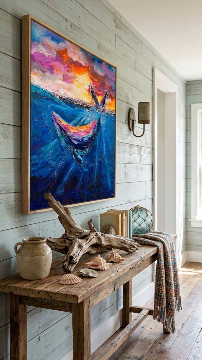 Colorful textured painting of a whale in the ocean with a sunset sky. The sunset colours are reflected on the whale. Original painting by Shelley Bailey. 