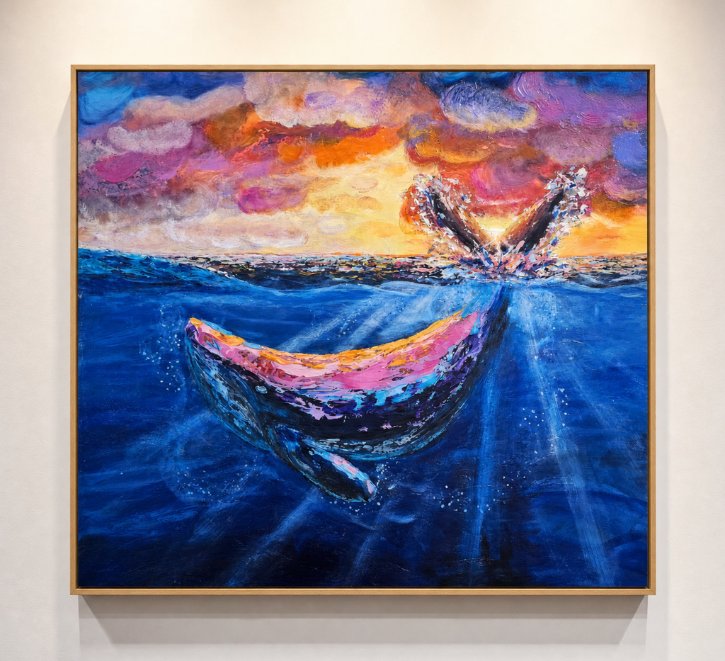 Colorful textured painting of a whale in the ocean with a sunset sky. The sunset colours are reflected on the whale. Original painting by Shelley Bailey. 