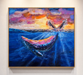 Colorful textured painting of a whale in the ocean with a sunset sky. The sunset colours are reflected on the whale. Original painting by Shelley Bailey. 