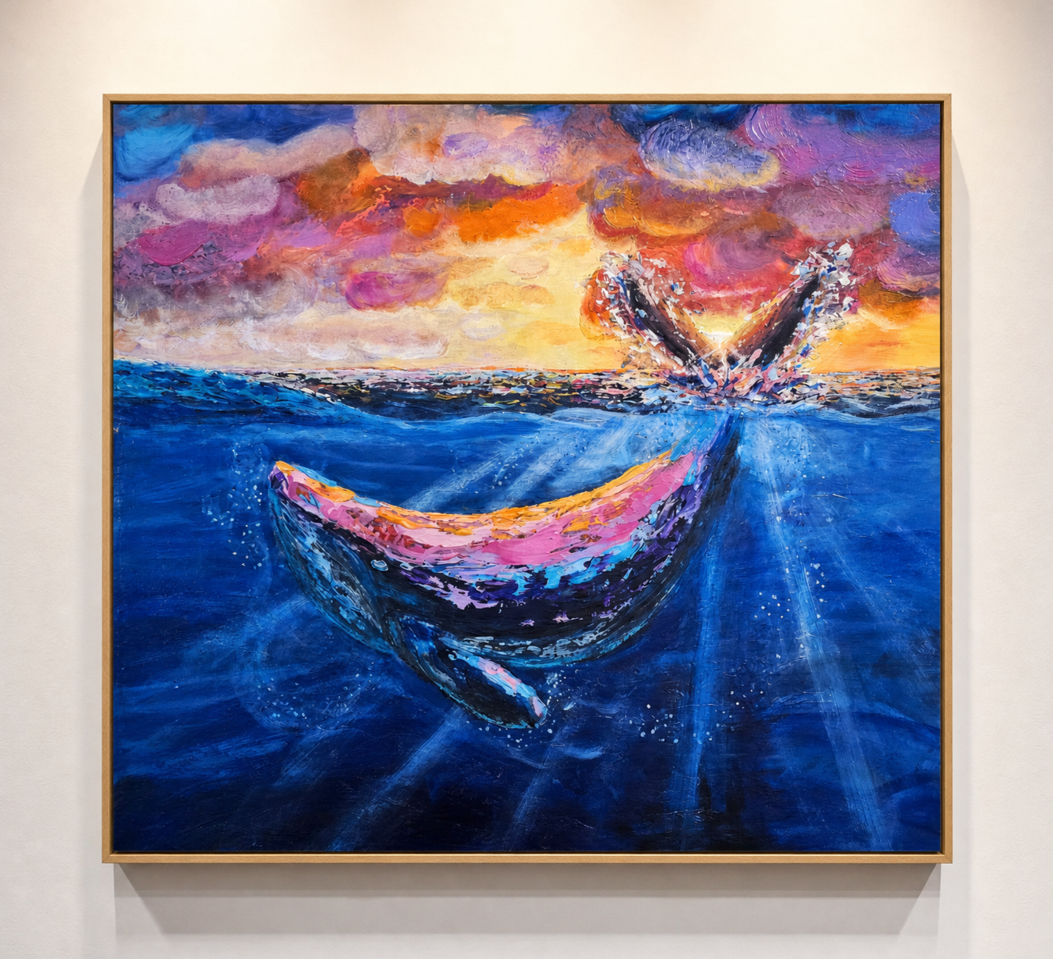 Colorful textured painting of a whale in the ocean with a sunset sky. The sunset colours are reflected on the whale. Original painting by Shelley Bailey. 