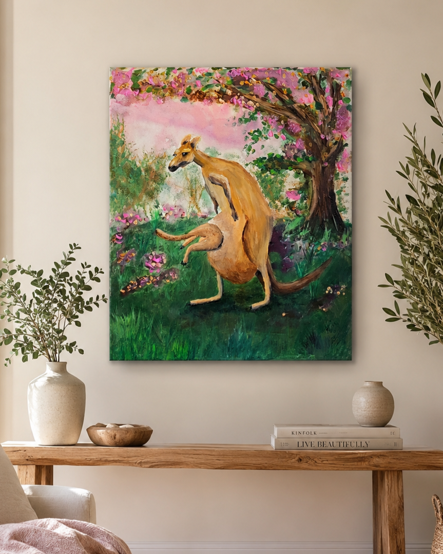 Original Painting by Shelley Bailey of a kangaroo in a garden with flowers and trees. Joey bounds into mother's pouch.