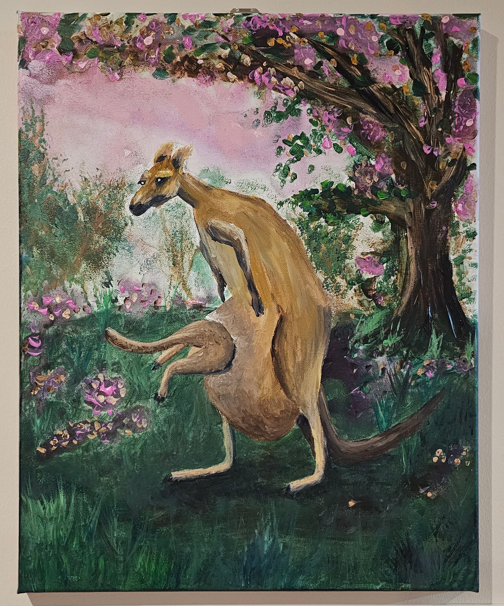 Original Painting by Shelley Bailey of a kangaroo in a garden with flowers and trees. Joey bounds into mother's pouch.