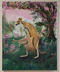 Original Painting by Shelley Bailey of a kangaroo in a garden with flowers and trees. Joey bounds into mother's pouch.