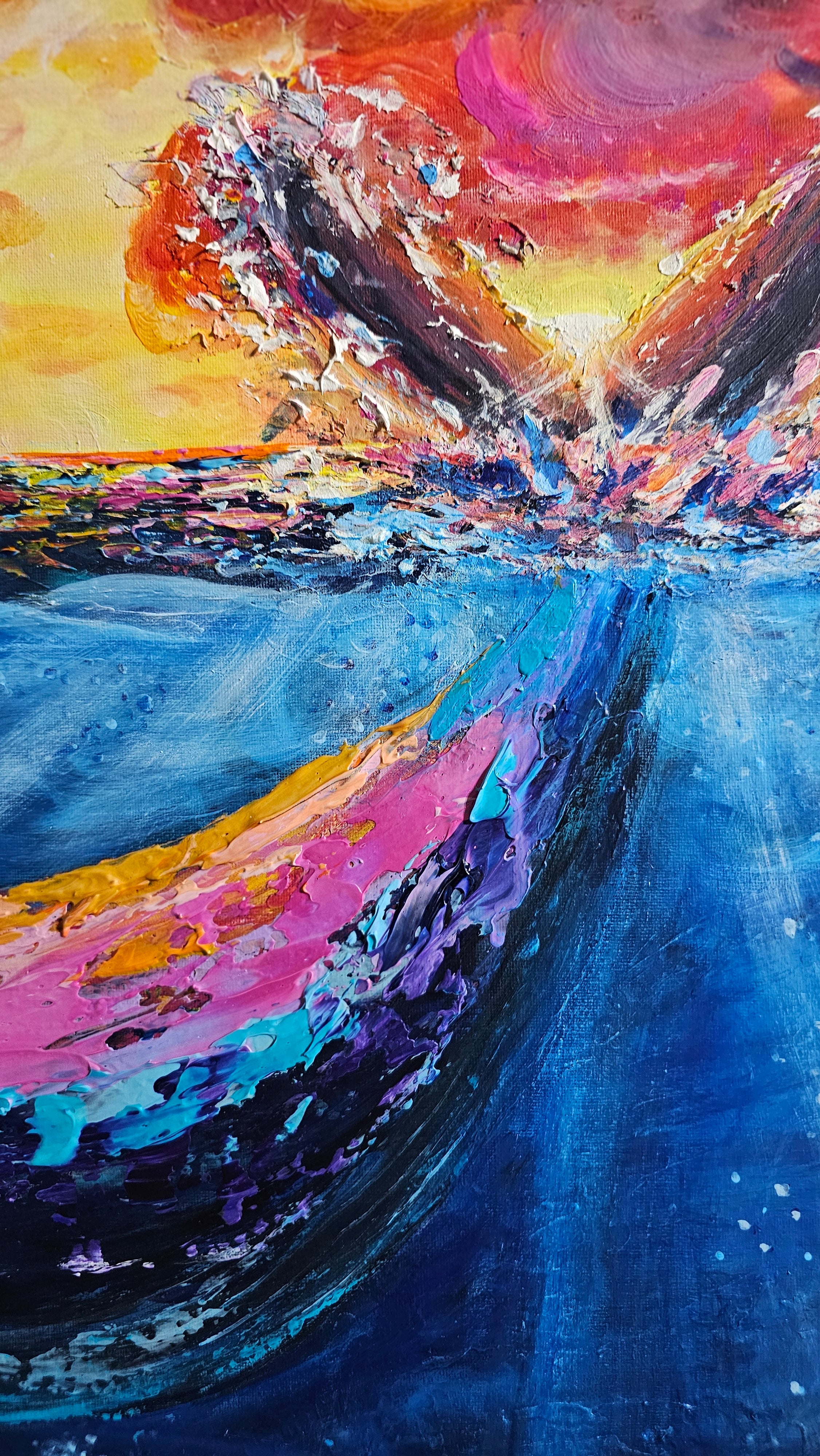 Colorful textured painting of a whale in the ocean with a sunset sky. The sunset colours are reflected on the whale. Original painting by Shelley Bailey. 
