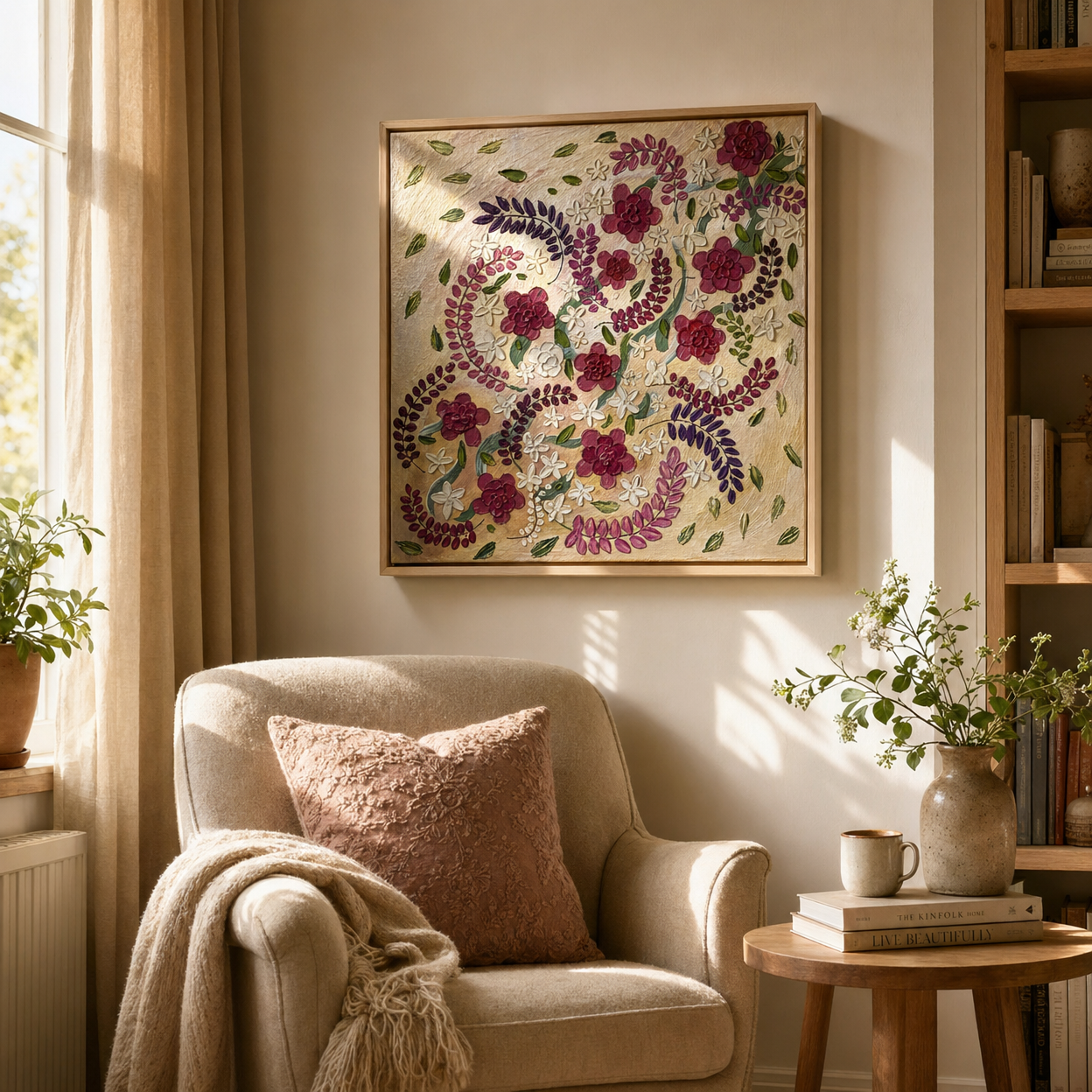 Petal Drift – Colour-Shifting Impasto Floral, 60x60cm, Framed