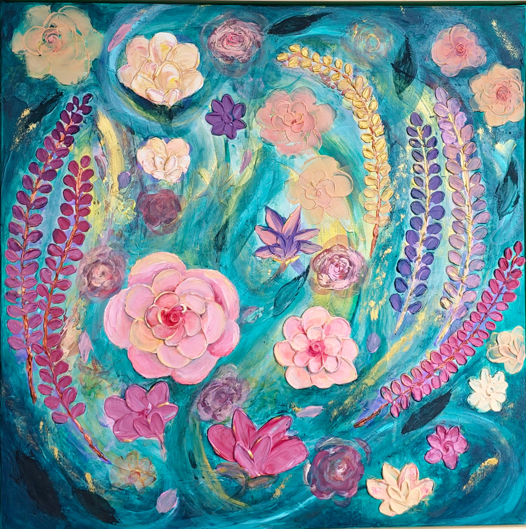 Mermaid Bouquet – Original Acrylic Impasto Floral, 60x60cm, Framed