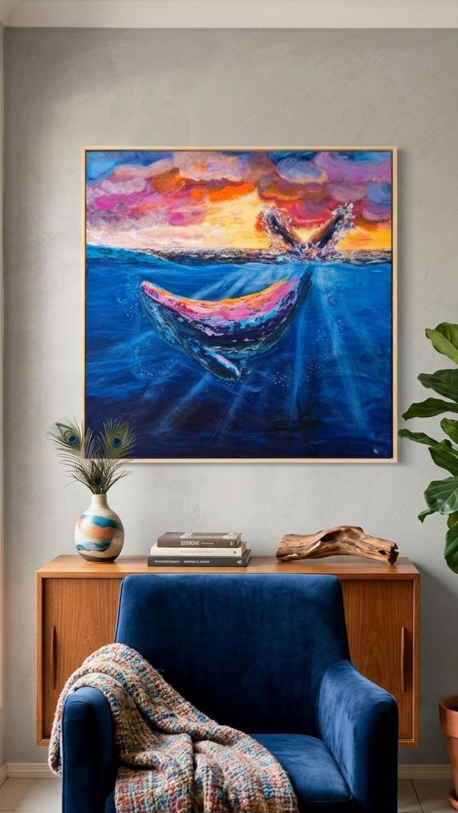 Colorful textured painting of a whale in the ocean with a sunset sky. The sunset colours are reflected on the whale. Original painting by Shelley Bailey. 