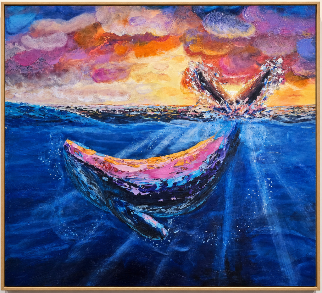 Colorful painting of a whale in water with a sunset sky. The sunset ia reflected on the whale. Original painting by shelley bailey, bloomstudioau.com 