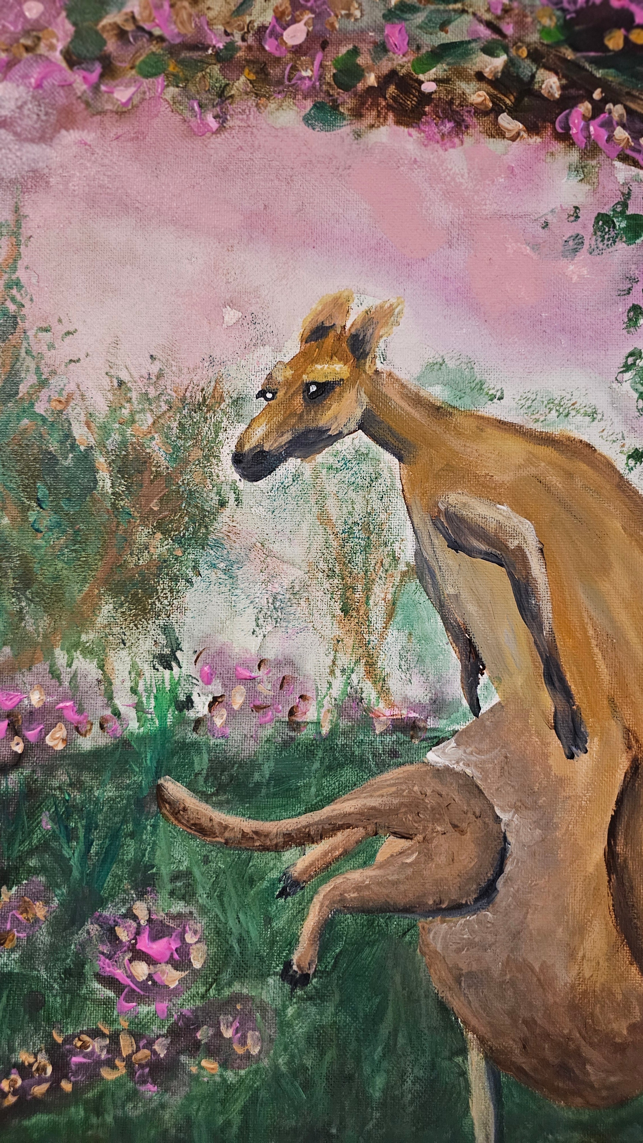 Original Painting by Shelley Bailey of a kangaroo in a garden with flowers and trees. Joey bounds into mother's pouch.