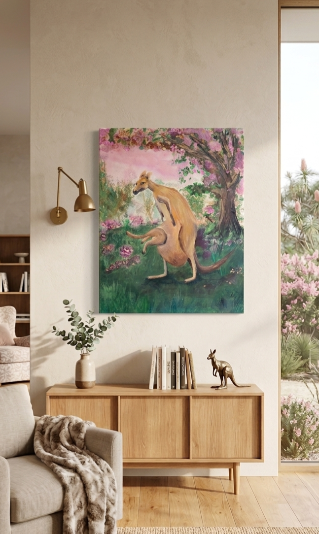 Original Painting by Shelley Bailey of a kangaroo in a garden with flowers and trees. Joey bounds into mother's pouch.